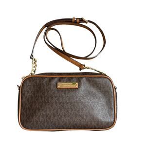 Michael Kors Jet Set Brown MK Signature Crossbody Bag Leather Trim Gold Hardware